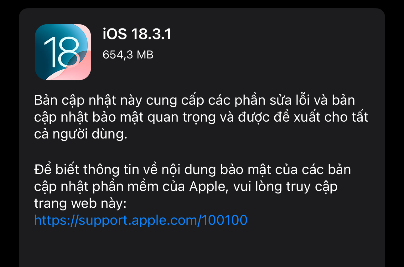 Cập nhật iOS 18.3.1