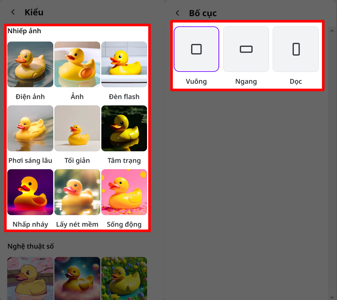 Chọn kiểu ảnh, bố cục Canva AI