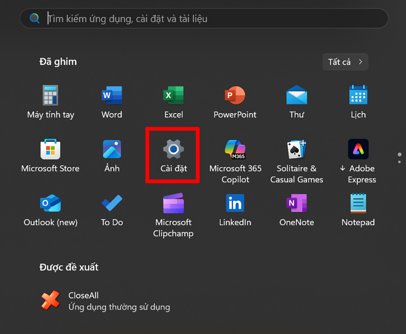 Mở Setting trên Win 11