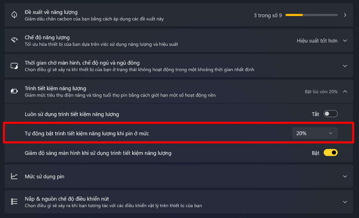 Tùy chỉnh tiết kiệm pin Win 11