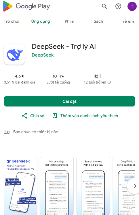 DeepSeek trên GooglePlay